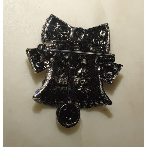 Rhinestone Gems Red Fire Purple Bell Brooch Pin Bow Moving Vintage Silvertone - Picture 7 of 12